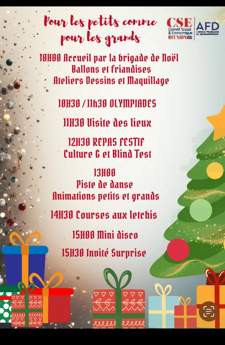 Affiche du programme d'animations de Noël pour les enfants du personnel (CSE) à La Réunion, par Pull Up Événements