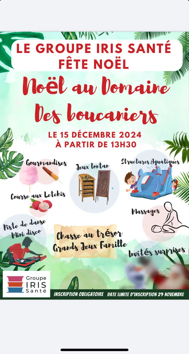 Affiche du Noël des enfants du personnel Iris Santé au Domaine des Boucaniers à La Réunion